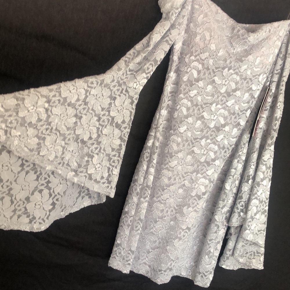 Perfect party dress in silver sparkly floral lace,bell sleeves, off shoulder